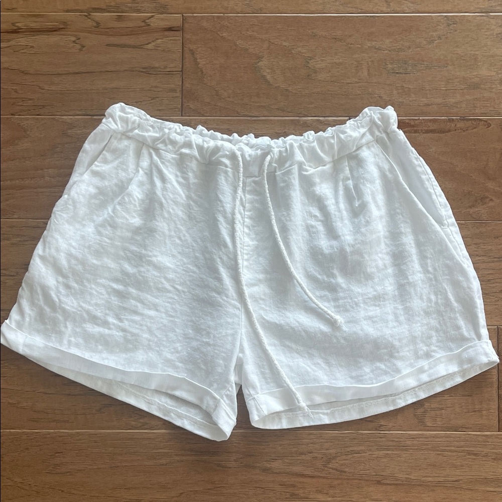 Women's High-Waist White Linen-Blend Elastic Waist Shorts